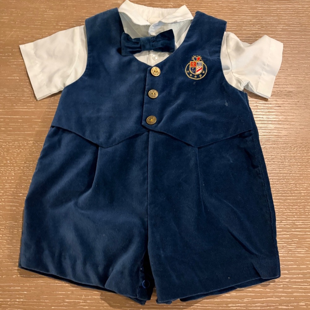 Vintage 90s Baby Boys 12M Navy Velvet Romper Vest Bow Tie Crest Outfit